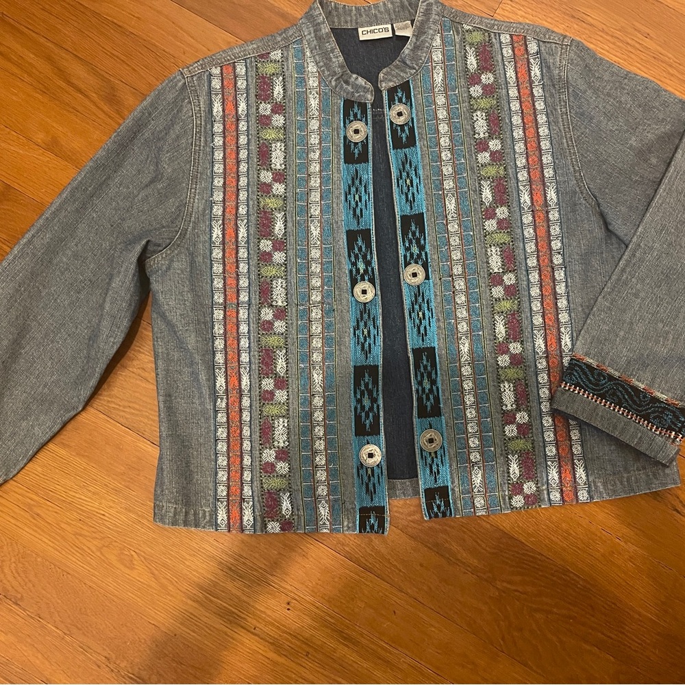 Chico's Denim Jacket with Colorful Patterns